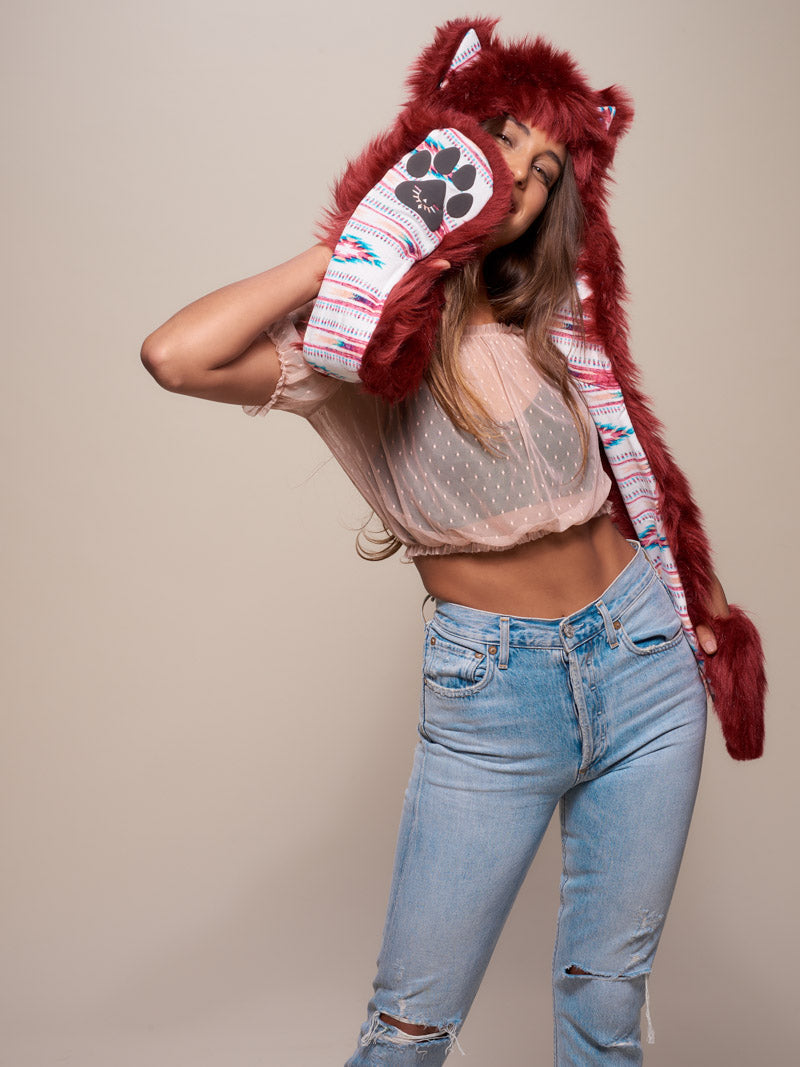 Woman wearing faux fur Fire Wolf CE SpiritHood, front view 4