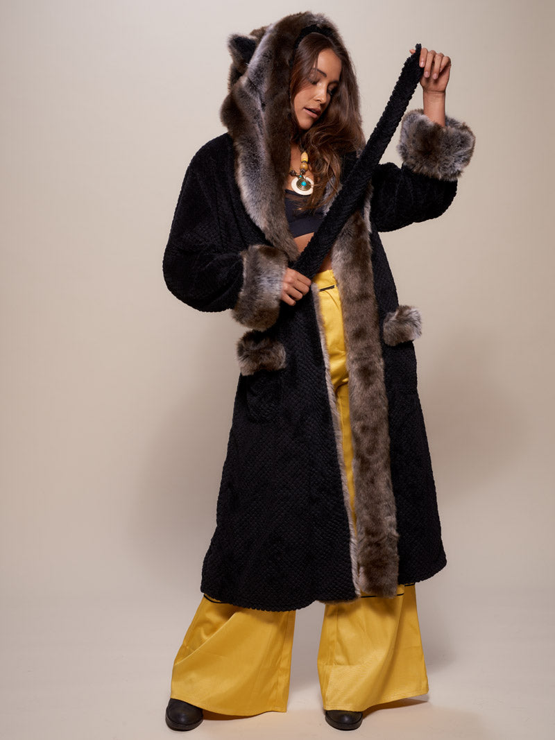 Woman wearing Grey Wolf Classic Faux Fur Robe. front view 1
