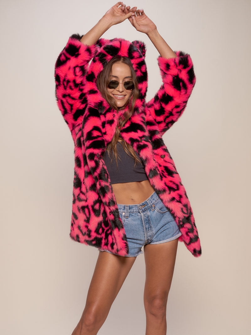 Woman wearing Neon Pink Leopard Classic Faux Fur Coat, front view