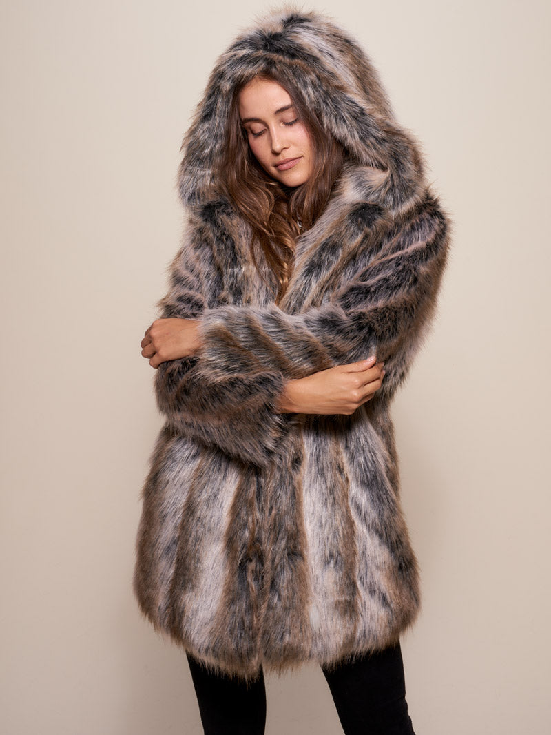 Grey Wolf Dia De Los Muertos Hooded Faux Fur Coat 