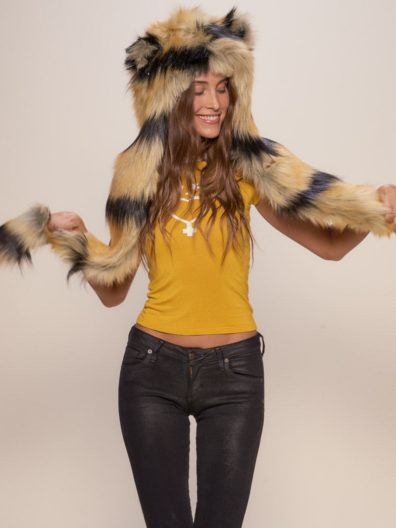 Woman wearing Caspian Tiger Collector Edition Faux Fur Hood, front view 3