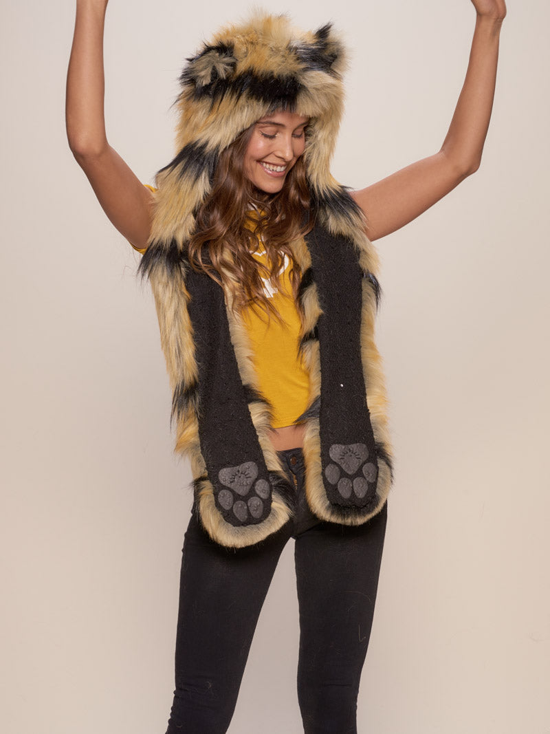 Woman wearing Caspian Tiger Collector Edition Faux Fur Hood, front view 1