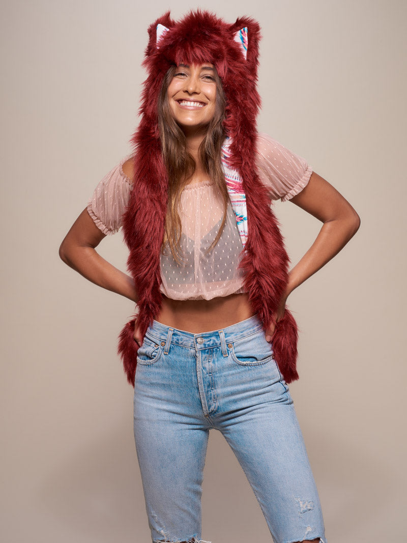 Woman wearing faux fur Fire Wolf CE SpiritHood, front view 2