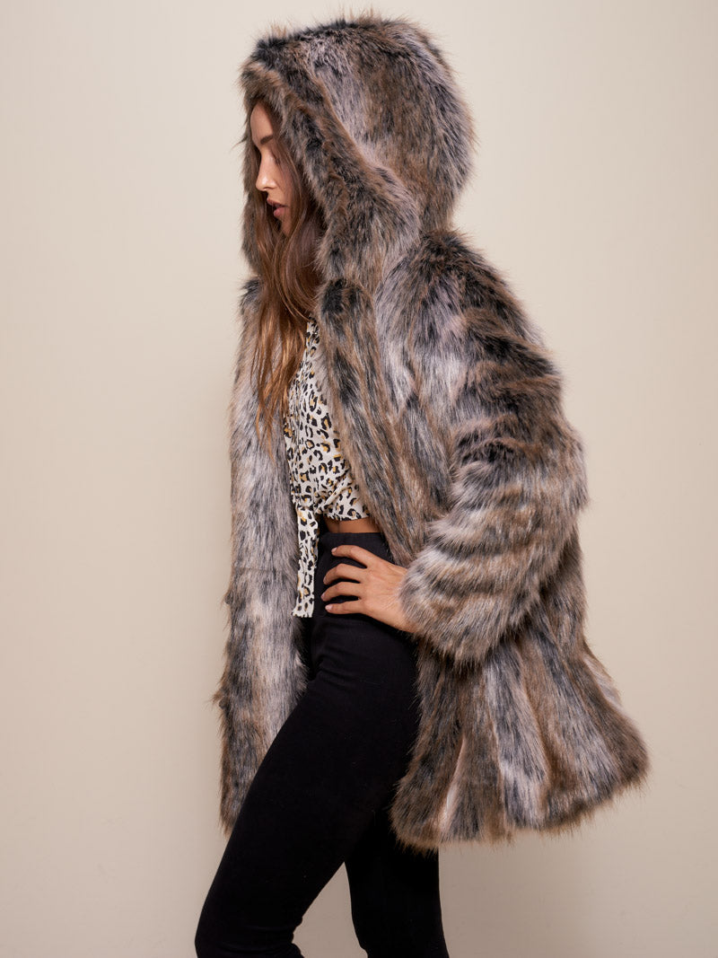  Hooded Grey Wolf Dia De Los Muertos Faux Fur Coat on Female Model