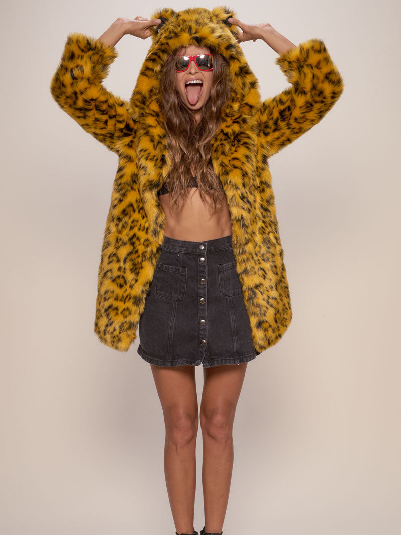 Woman wearing Yellow Cheetah Classic Faux Fur Coat, front view