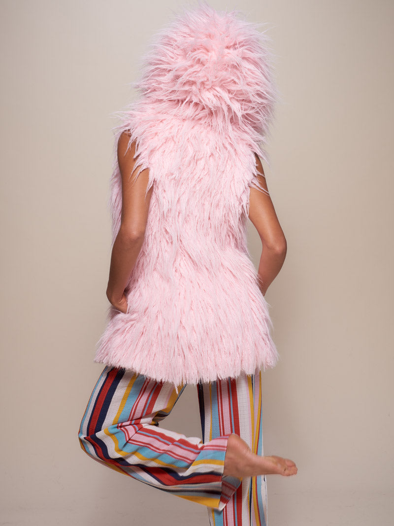 Woman wearing Flamingo Faux Fur Vest, back view