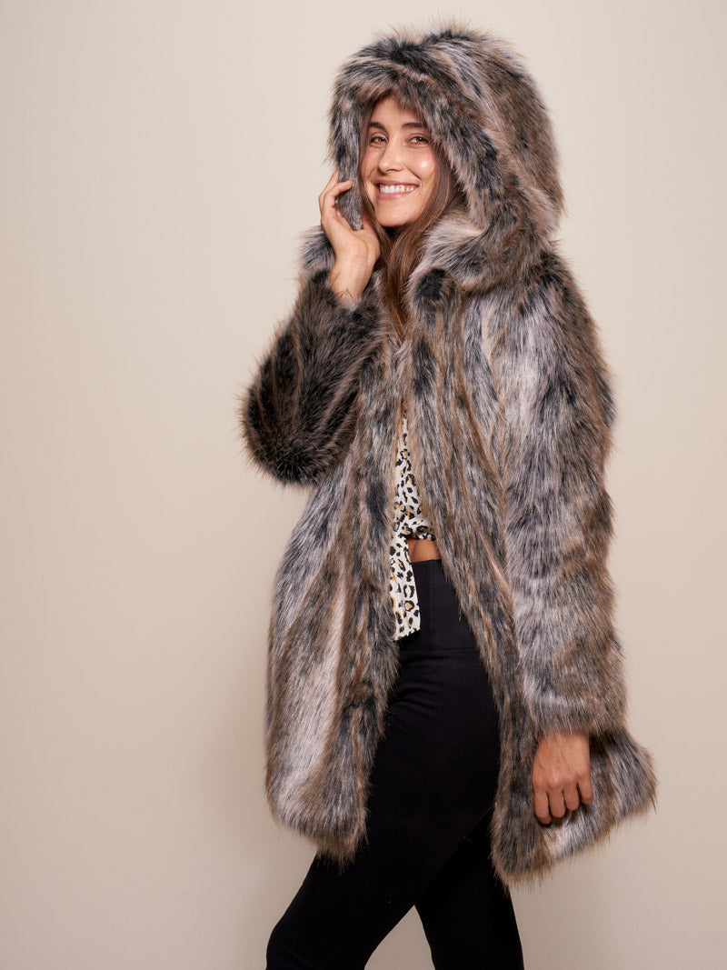 Collector Edition Hooded Dia De Los Muertos Faux Fur Coat  with Grey Wolf Design