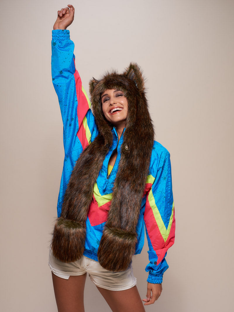 Woman wearing faux fur Limited Edition Forest Fox Unisex SpiritHood, front view 4