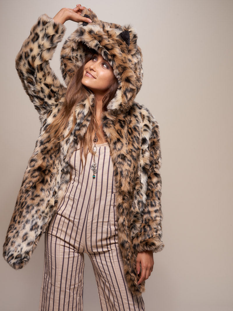 Classic Leopard Hooded Faux Fur Coat on Female Model