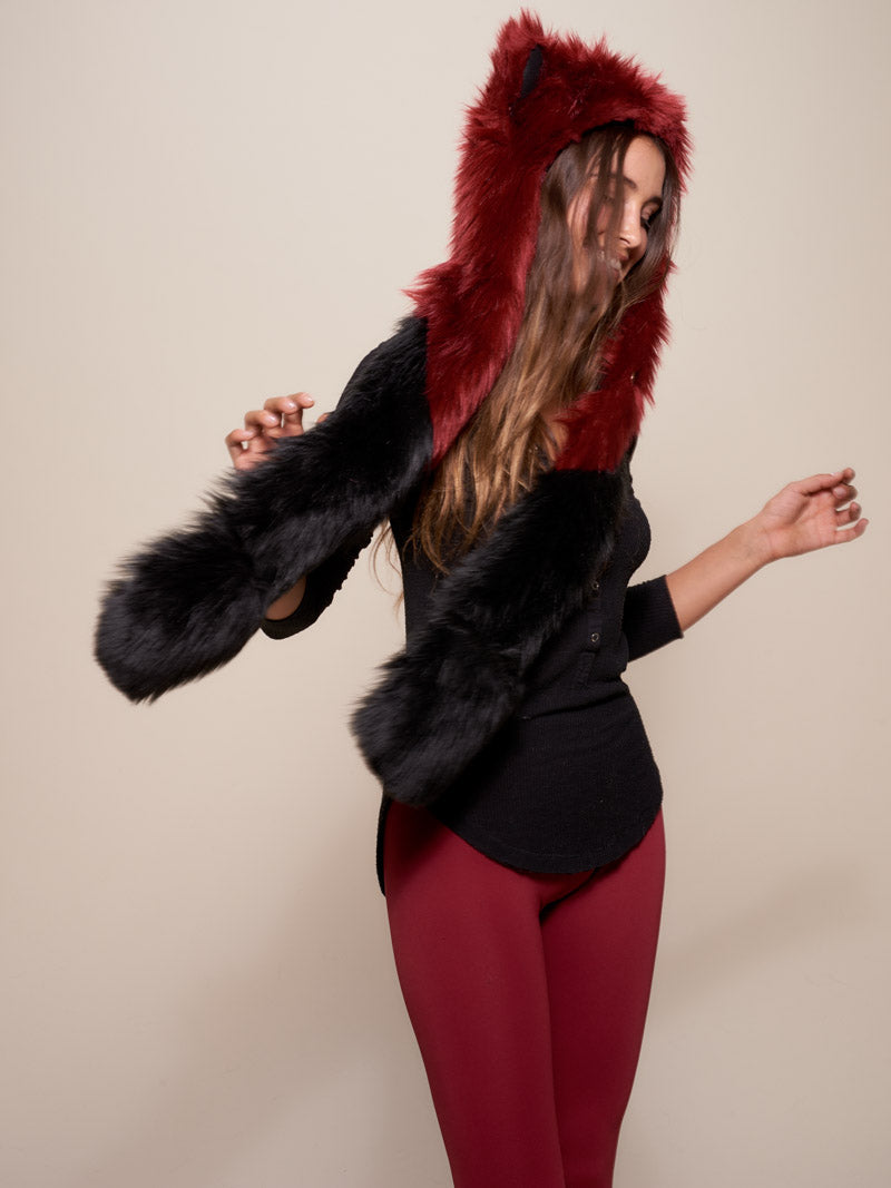Woman wearing faux fur Fire Wolf 2.0 Collector Edition SpiritHood, side view 2