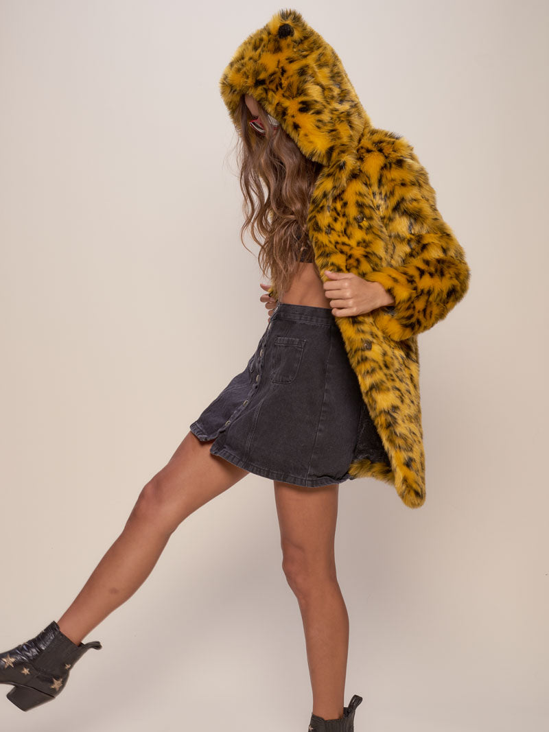 Woman wearing Yellow Cheetah Classic Faux Fur Coat, side view