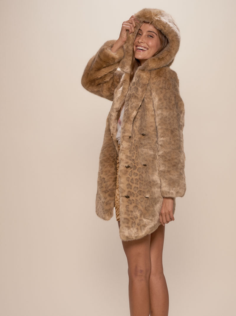 African Golden Cat Luxe Faux Fur Coat with Hood on Female