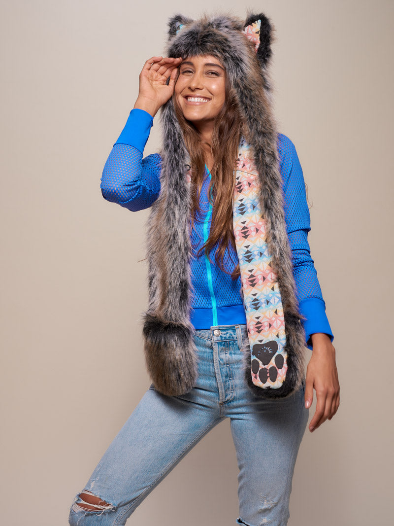Unisex Grey Wolf Collector Edition Faux Fur with Hood on Female