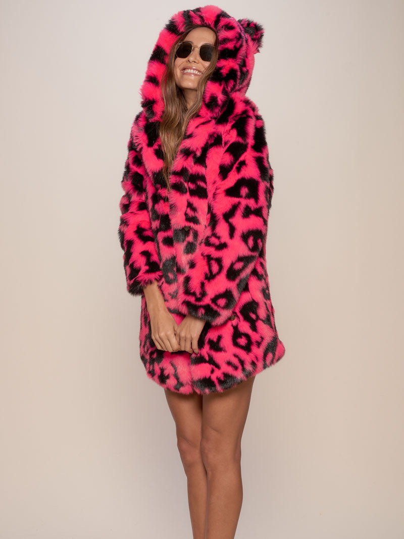 Woman wearing Neon Pink Leopard Classic Faux Fur Coat, front view 3