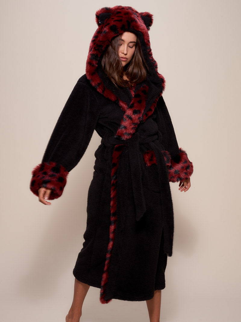 Black and Red Wild Cat Hooded Faux Fur Robe 