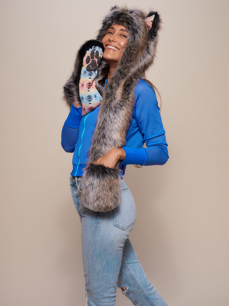 Female Wearing Unisex Grey Wolf Collector Edition SpiritHood 