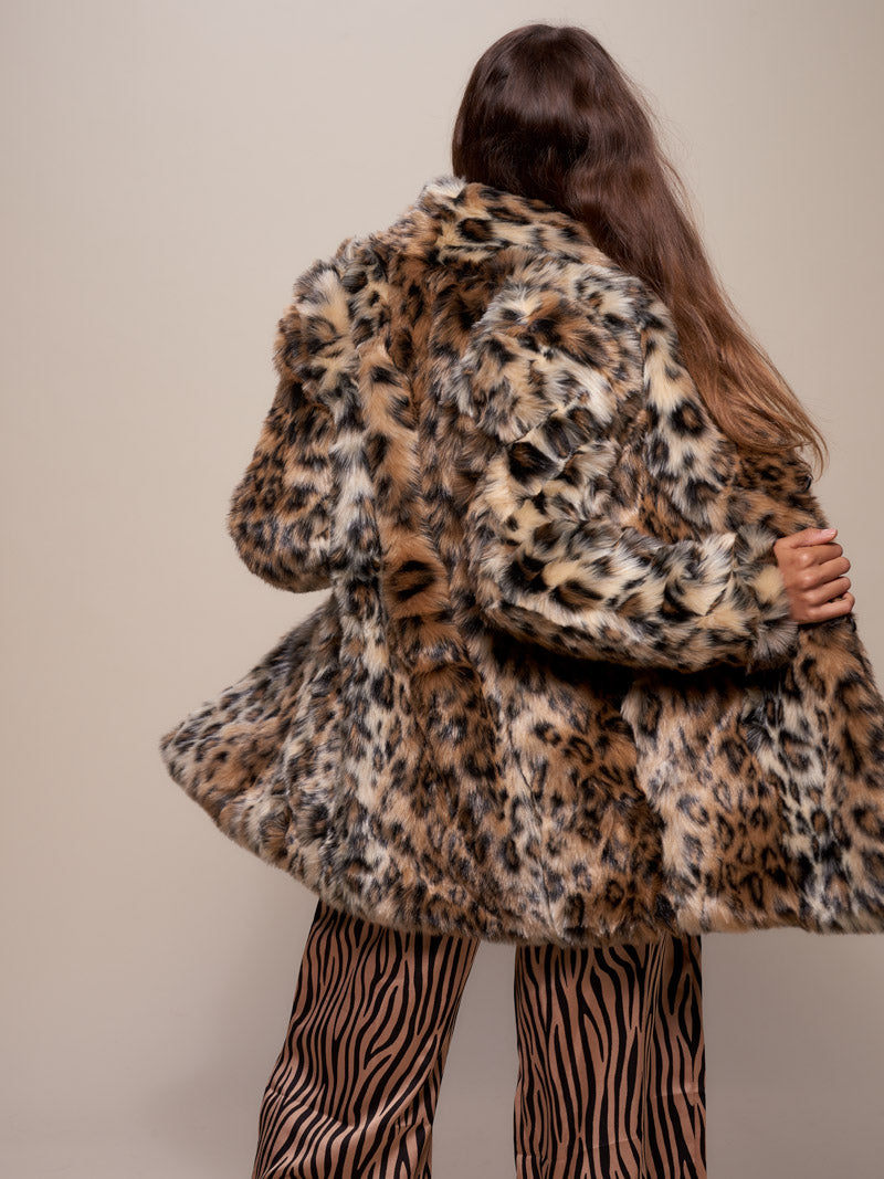 Female Wearing Leopard Collared Faux Fur Coat 