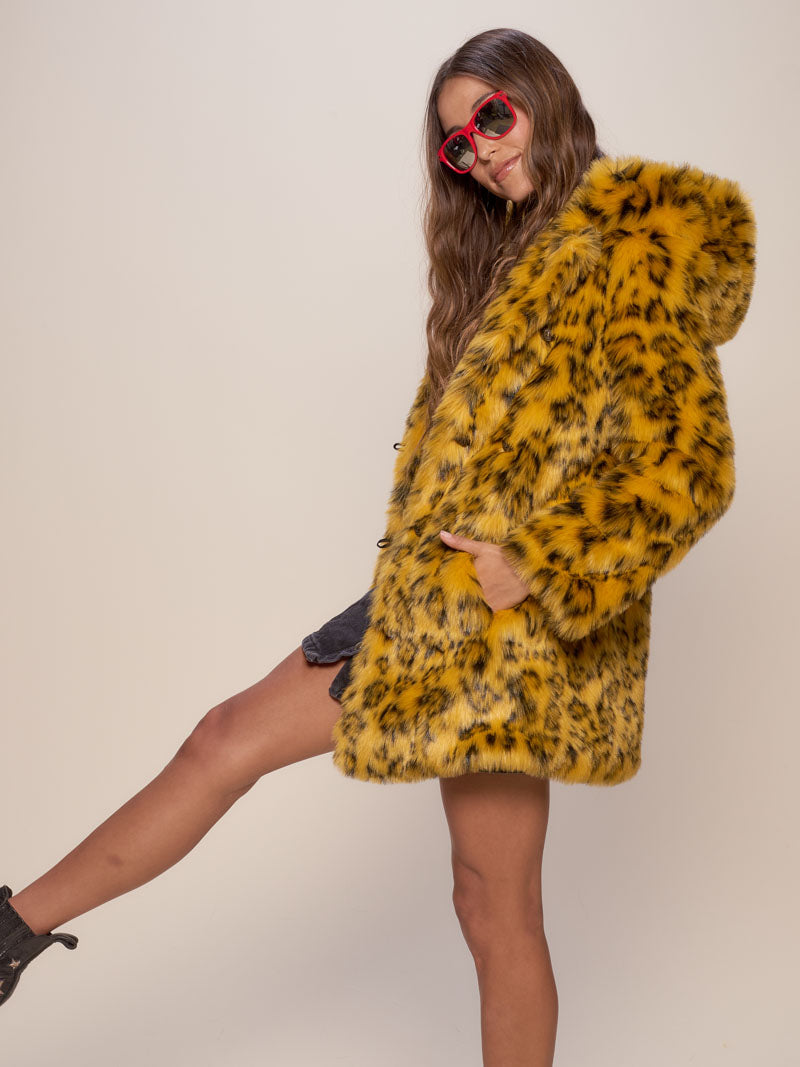 Yellow Cheetah Hooded Faux Fur Coat 