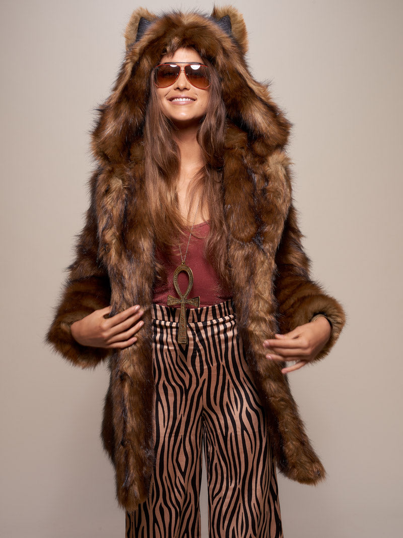 Classic Tawny Wolf Faux Fur Hooded SpiritHoods Coat 