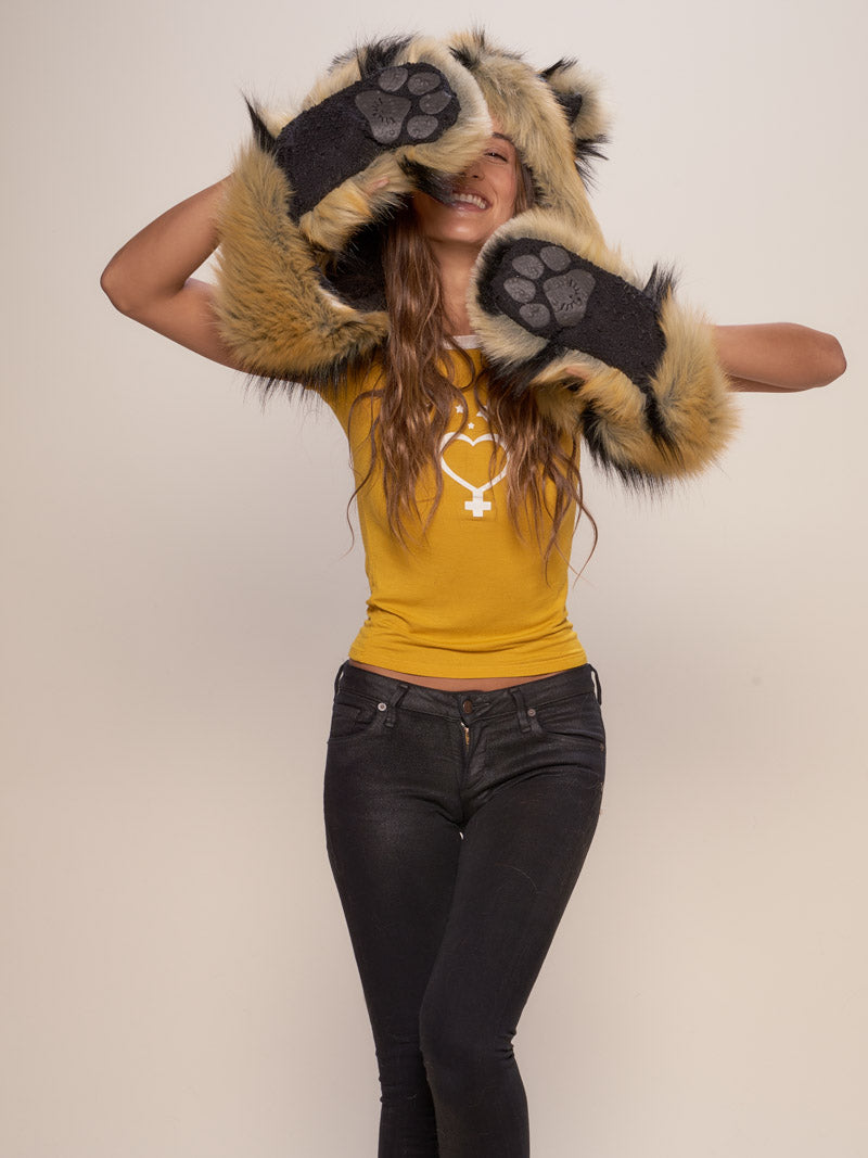 Woman wearing Caspian Tiger Collector Edition Faux Fur Hood, front view 2