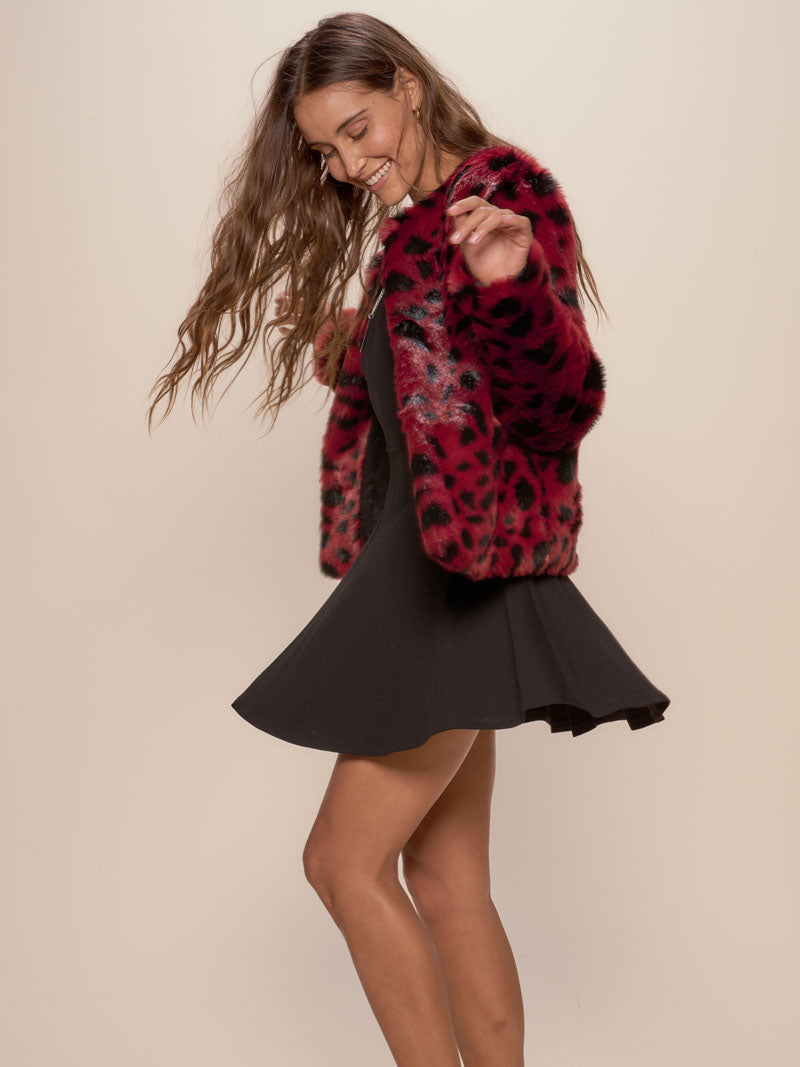 Red and Black Wild Cat Faux Fur Bomber Jacket on Female