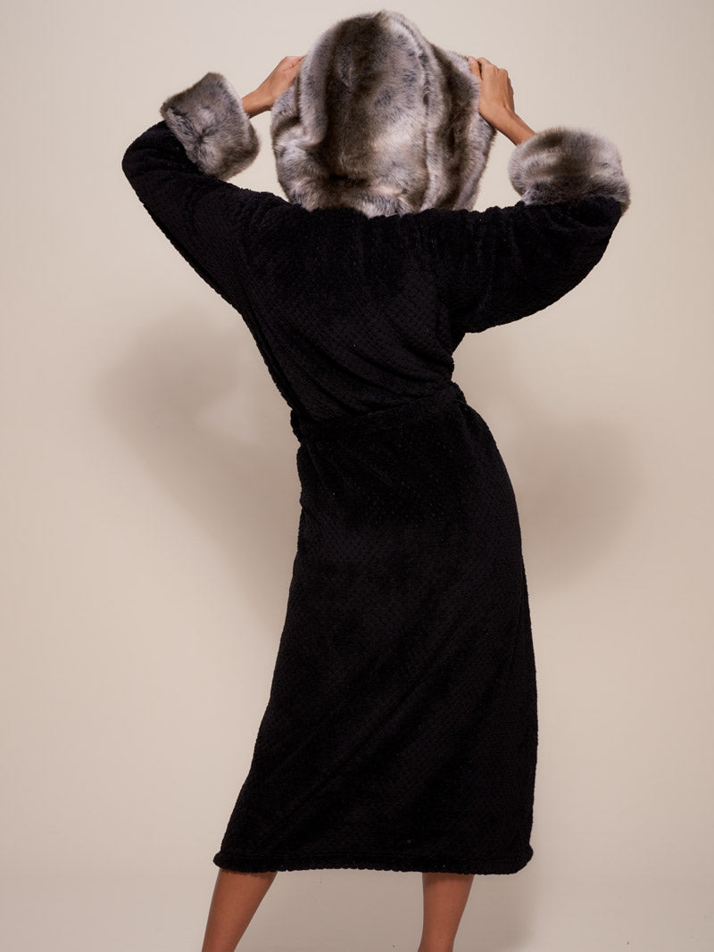 Hooded Grey Wolf Faux Fur Robe on Female Model