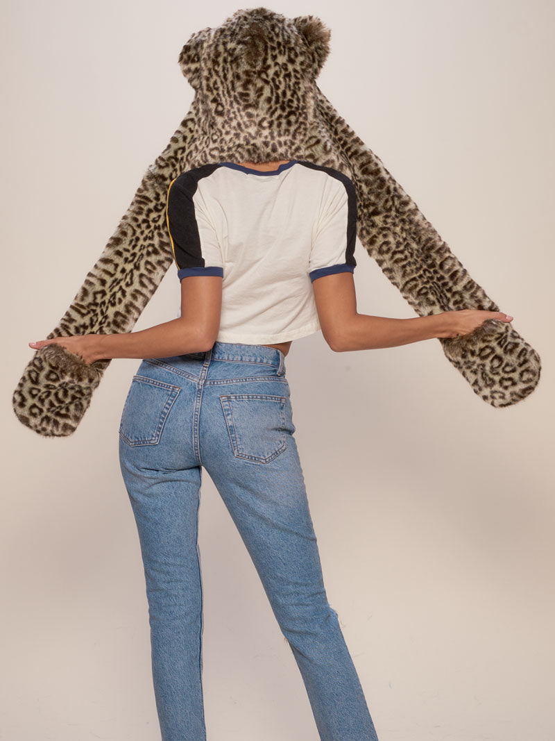 Female Wearing Forest Leopard Collector Edition Luxe Faux Fur Hood 