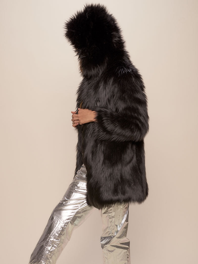Woman wearing Black Wolf Plaid Classic Faux Fur Coat, side view 2