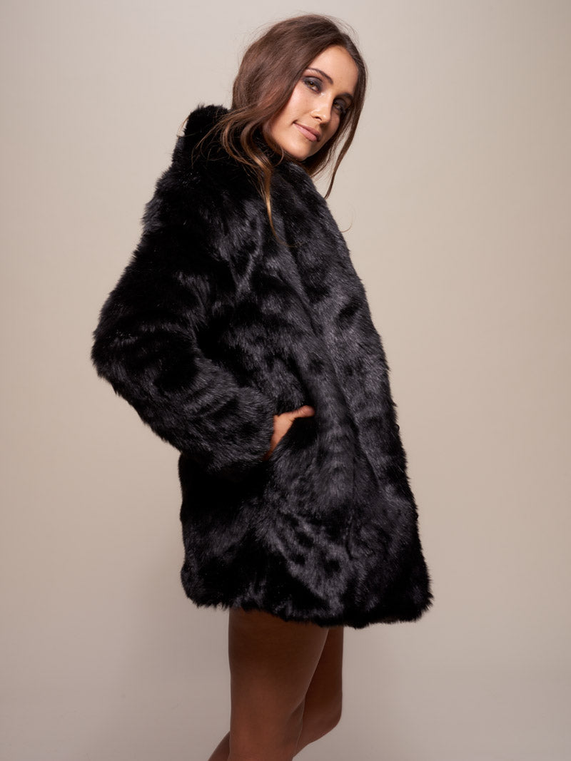 Woman wearing Black Panther Collared Faux Fur Coat, side view 5