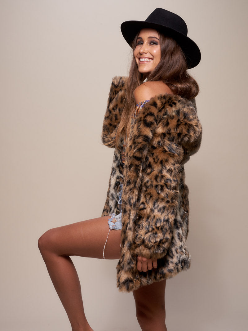 Female Wearing Leopard V-Neck Faux Fur Coat 