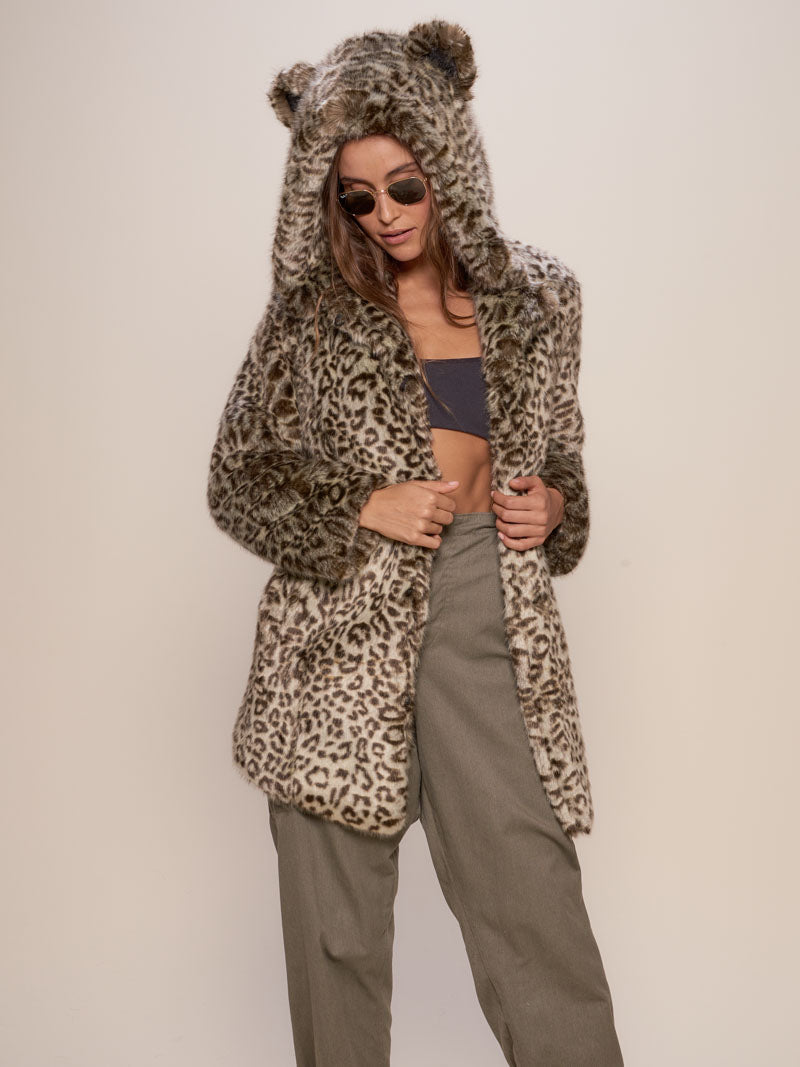 Woman wearing Forest Leopard Luxe Classic Faux Fur Coat, front view 3