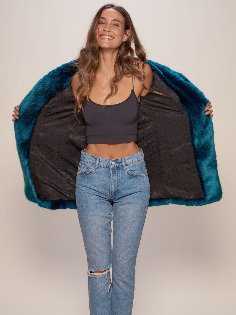 Luxe V-Neck Faux Fur Coat in Royal Wolf Design