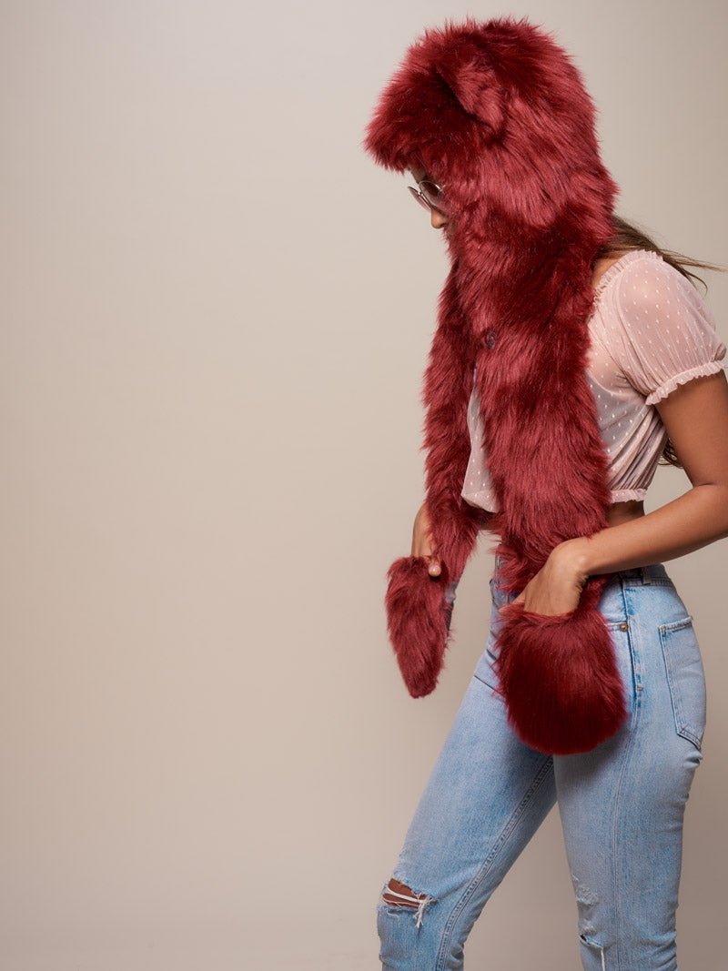 Woman wearing faux fur Fire Wolf CE SpiritHood, side view