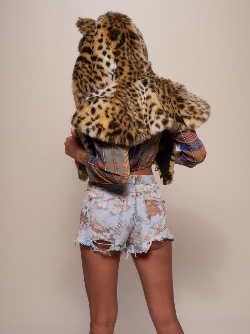 Woman wearing Cheetah Faux Fur SpiritHoods Shawl, back view