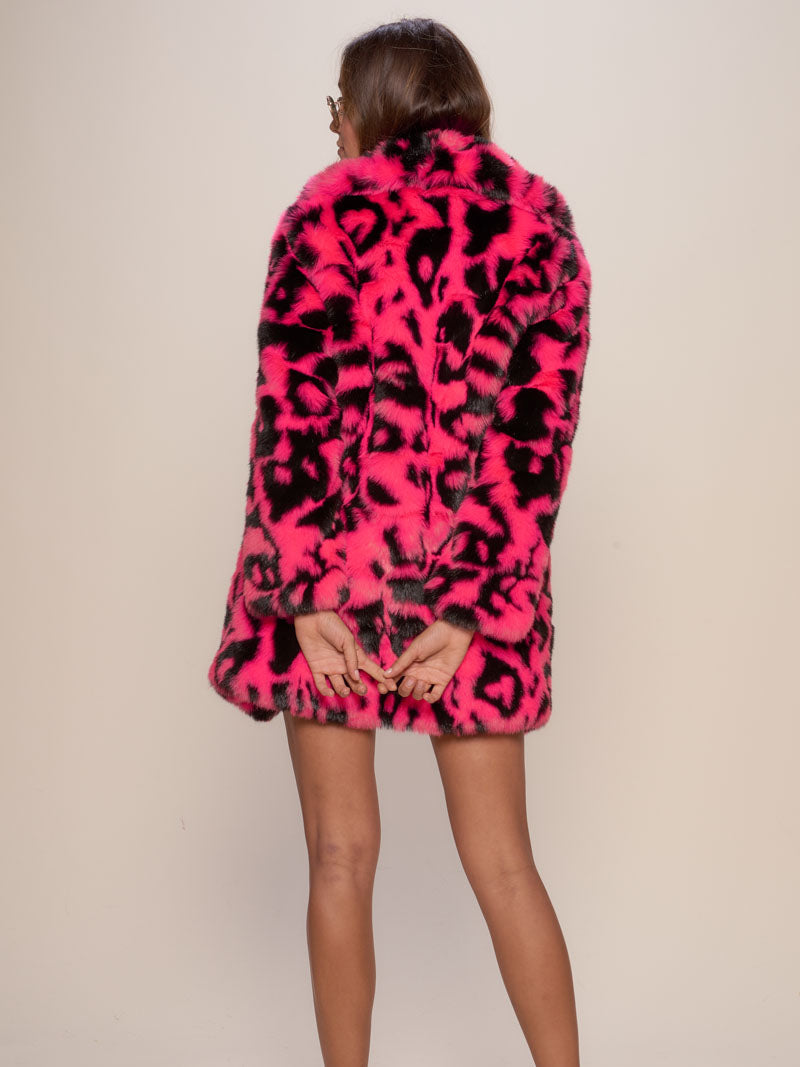 Back View of Neon Pink Leopard Collared Faux Fur Coat