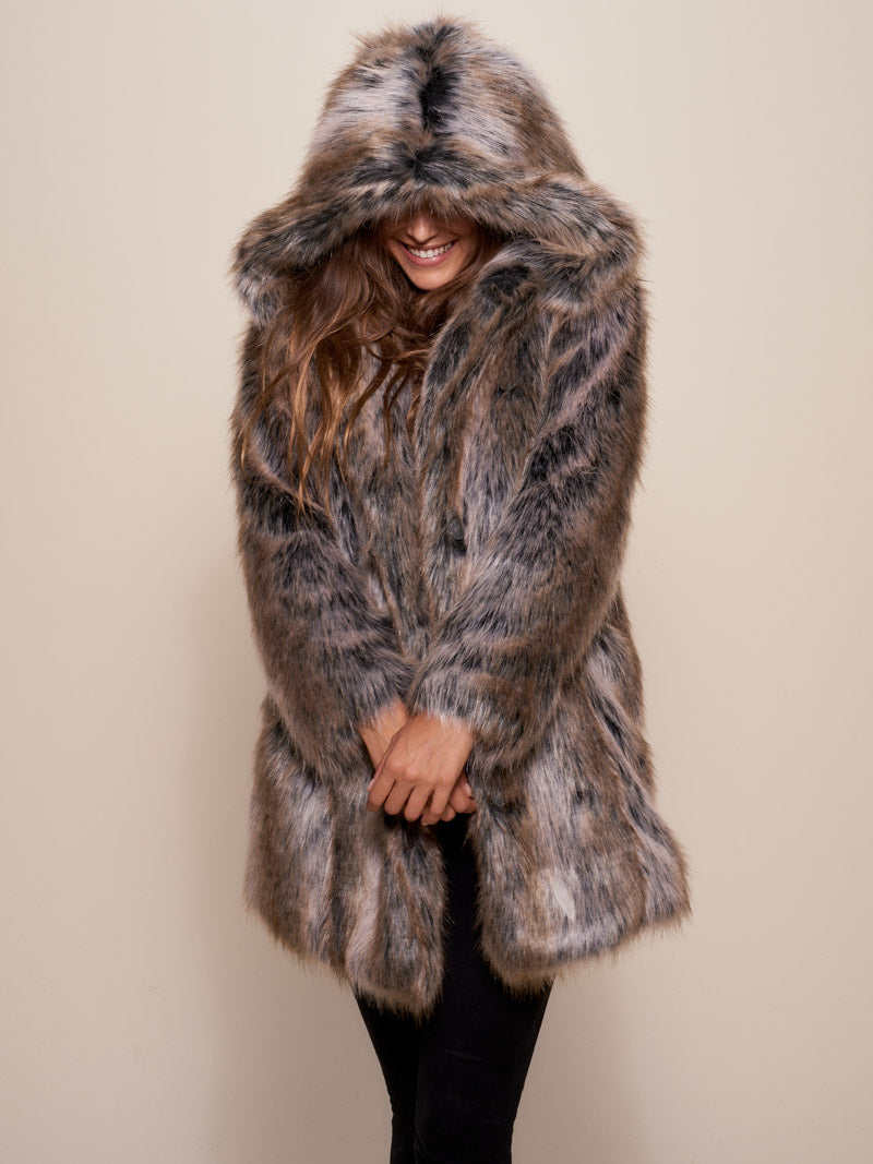 Grey Wolf Dia De Los Muertos Faux Fur Coat with Hood on Female