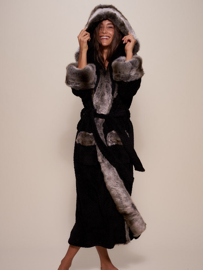 Grey Wolf Hooded Black Robe with Fur Trim