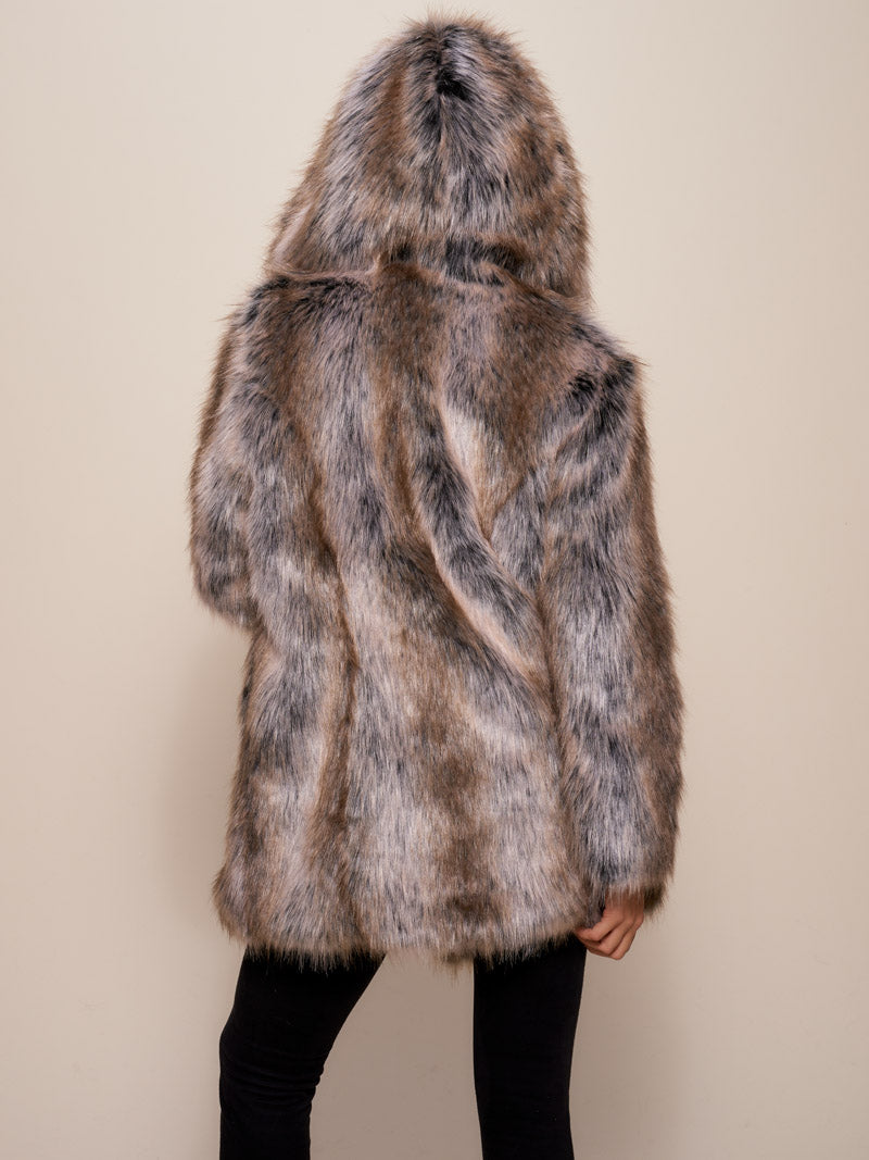 Hooded Dia De Los Muertos Faux Fur Coat with Grey Wolf Design on Female Model
