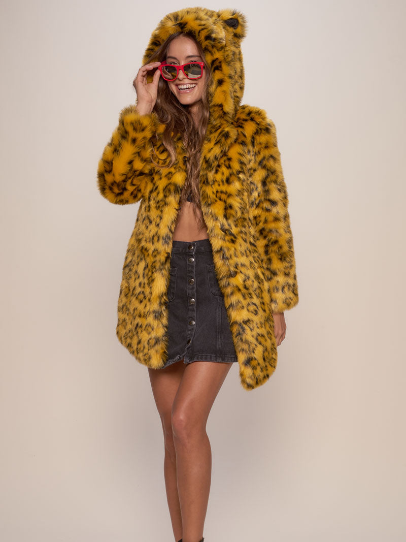 Woman wearing Yellow Cheetah Classic Faux Fur Coat, front view 1