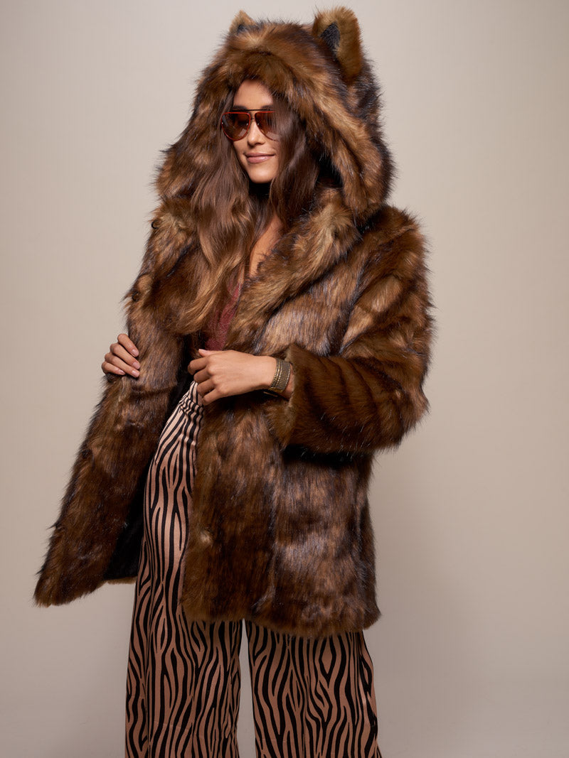 Brown Classic Tawny Wolf Faux Fur SpiritHoods Coat on Female