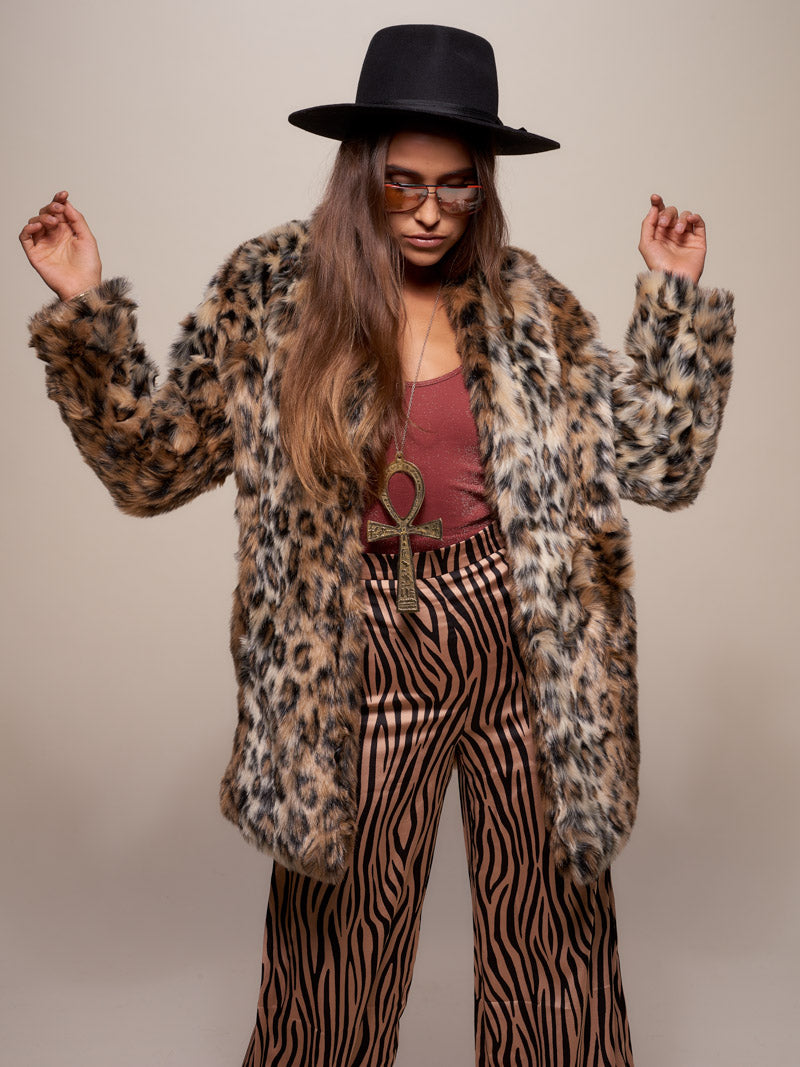 Tan and Black Leopard Collared Faux Fur Coat on Female