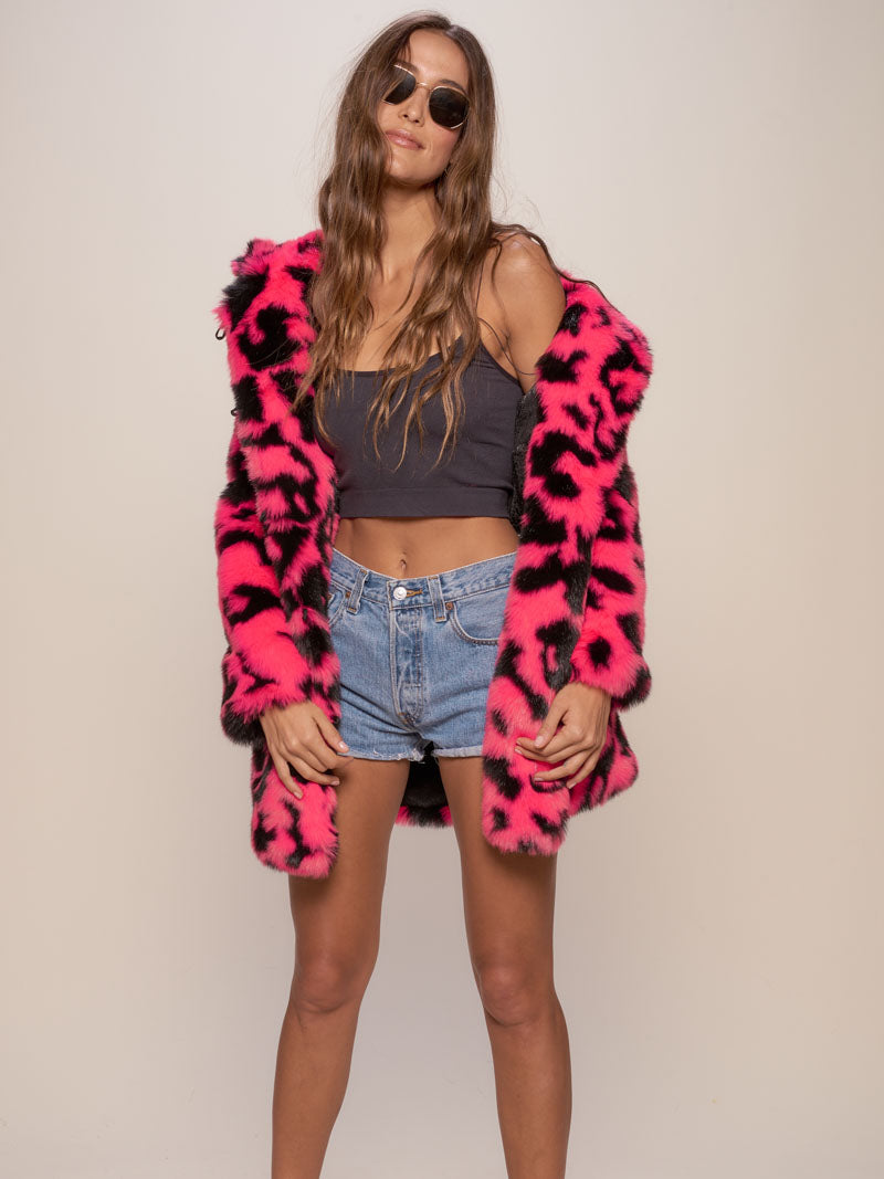 Woman wearing Neon Pink Leopard Classic Faux Fur Coat, front view 2