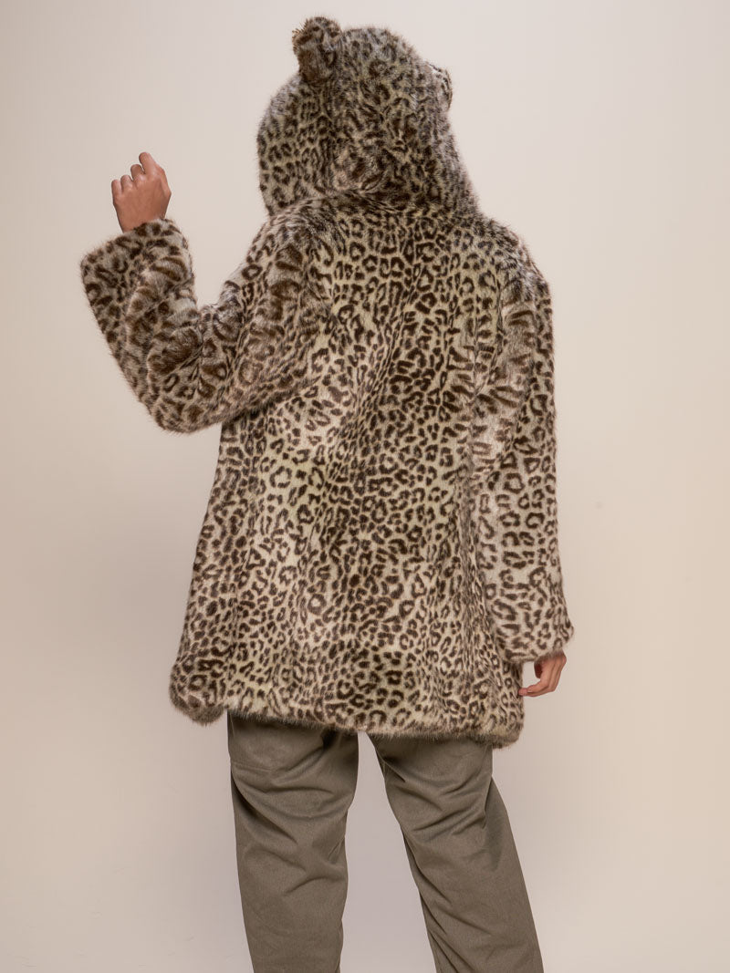 Woman wearing Forest Leopard Luxe Classic Faux Fur Coat, back view