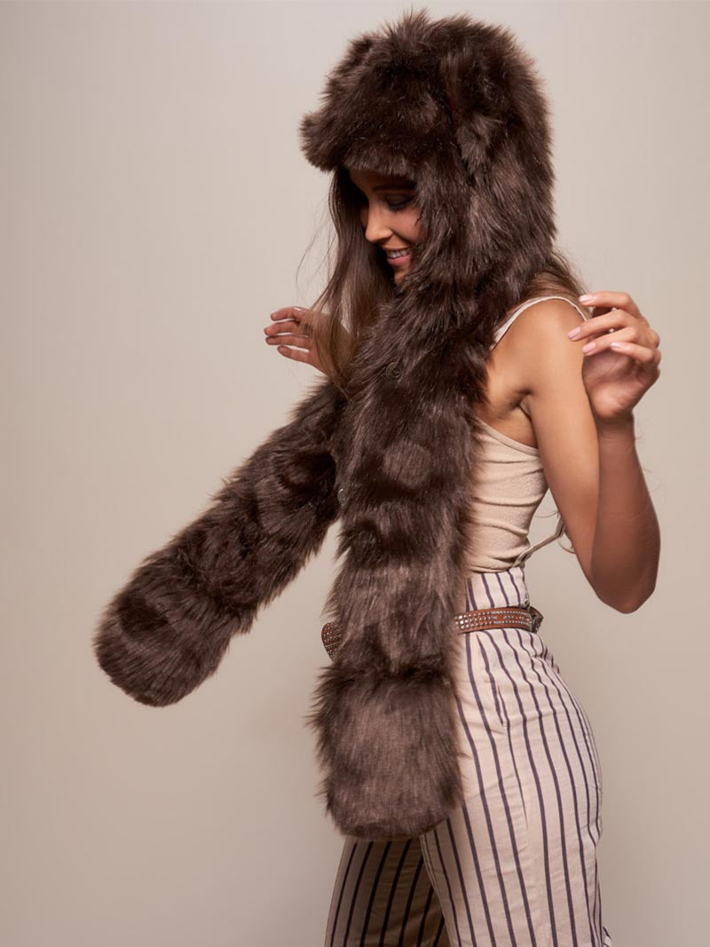 Woman wearing Brown Bear Faux Fur SpiritHood, side view 3
