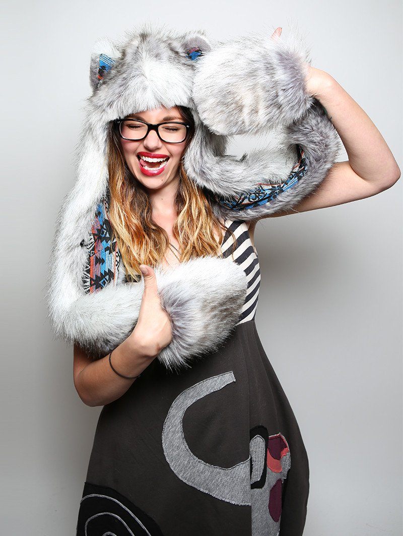 Hooded *Unisex* Faux Fur with Timber Wolf Design