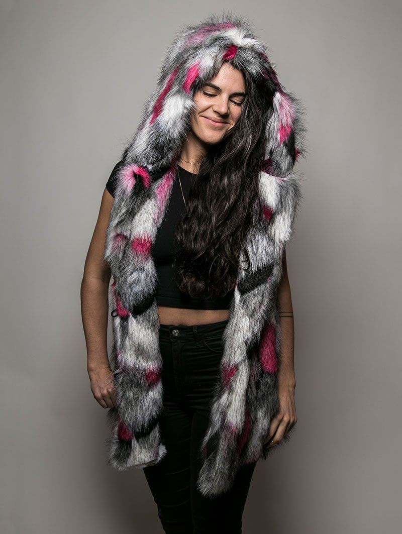 Hot Pink, Black, and White CE Whimsical Alpaca Faux Fur Vest on Female