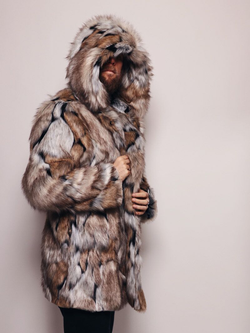 Hooded Faux Fur Coat in Wolverine Design  