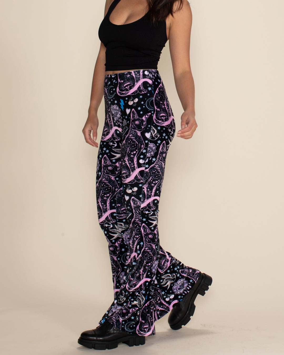 Sacred Sailor Kitty Velvet Flare Pants, Women's - XS / black/pink in 2023