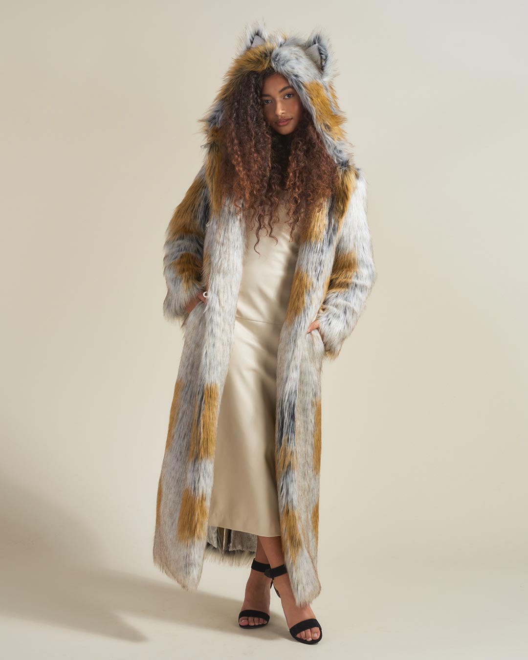 Woman wearing Arctic Fox Classic Faux Fur Long Coat, front view 6