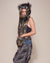 Woman wearing Brindle Wolf Collector Edition Faux Fur Hood, side view 2
